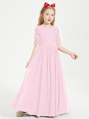 Abito Lungo Damigella Junior Top In Pizzo Con Maniche A Mezza Lunghezza Rosa Bonbon