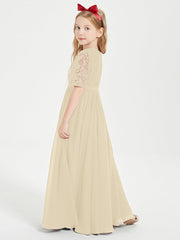 Abito Lungo Damigella Junior Top In Pizzo Con Maniche A Mezza Lunghezza Champagne