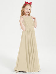 Abito Lungo Damigella Junior Top In Pizzo Con Maniche A Mezza Lunghezza Champagne