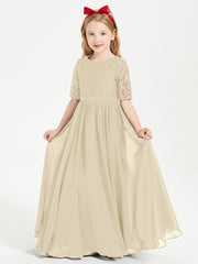 Abito Lungo Damigella Junior Top In Pizzo Con Maniche A Mezza Lunghezza Champagne
