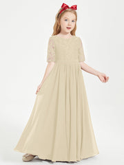 Abito Lungo Damigella Junior Top In Pizzo Con Maniche A Mezza Lunghezza Champagne