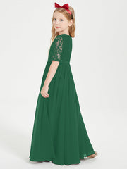 Abito Lungo Damigella Junior Top In Pizzo Con Maniche A Mezza Lunghezza Verde Scuro