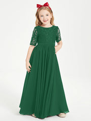 Abito Lungo Damigella Junior Top In Pizzo Con Maniche A Mezza Lunghezza Verde Scuro