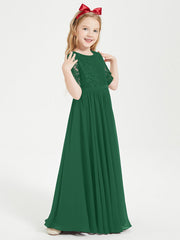 Abito Lungo Damigella Junior Top In Pizzo Con Maniche A Mezza Lunghezza Verde Scuro