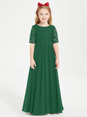 Abito Lungo Damigella Junior Top In Pizzo Con Maniche A Mezza Lunghezza Verde Scuro