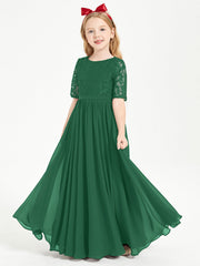 Abito Lungo Damigella Junior Top In Pizzo Con Maniche A Mezza Lunghezza Verde Scuro