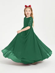 Abito Lungo Damigella Junior Top In Pizzo Con Maniche A Mezza Lunghezza Verde Scuro