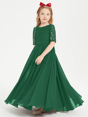 Abito Lungo Damigella Junior Top In Pizzo Con Maniche A Mezza Lunghezza Verde Scuro
