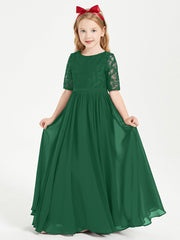 Abito Lungo Damigella Junior Top In Pizzo Con Maniche A Mezza Lunghezza Verde Scuro
