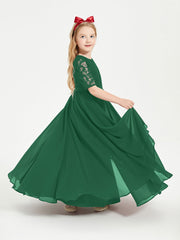 Abito Lungo Damigella Junior Top In Pizzo Con Maniche A Mezza Lunghezza Verde Scuro