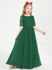Abito Lungo Damigella Junior Top In Pizzo Con Maniche A Mezza Lunghezza Verde Scuro