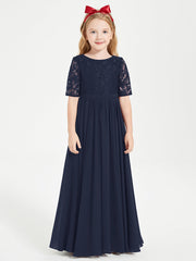 Abito Lungo Damigella Junior Top In Pizzo Con Maniche A Mezza Lunghezza Blu Scuro