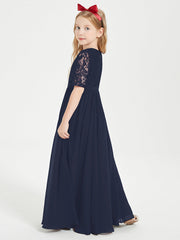 Abito Lungo Damigella Junior Top In Pizzo Con Maniche A Mezza Lunghezza Blu Scuro