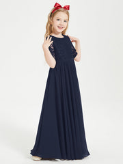 Abito Lungo Damigella Junior Top In Pizzo Con Maniche A Mezza Lunghezza Blu Scuro
