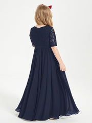 Abito Lungo Damigella Junior Top In Pizzo Con Maniche A Mezza Lunghezza Blu Scuro
