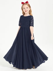 Abito Lungo Damigella Junior Top In Pizzo Con Maniche A Mezza Lunghezza Blu Scuro