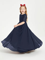 Abito Lungo Damigella Junior Top In Pizzo Con Maniche A Mezza Lunghezza Blu Scuro