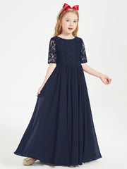 Abito Lungo Damigella Junior Top In Pizzo Con Maniche A Mezza Lunghezza Blu Scuro