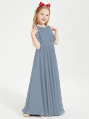Abito Lungo Damigella Junior Top In Pizzo Con Maniche A Mezza Lunghezza Azzurro Polvere