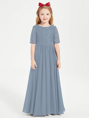 Abito Lungo Damigella Junior Top In Pizzo Con Maniche A Mezza Lunghezza Azzurro Polvere