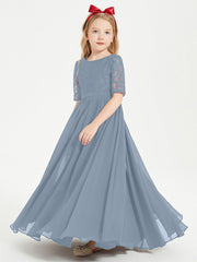 Abito Lungo Damigella Junior Top In Pizzo Con Maniche A Mezza Lunghezza Azzurro Polvere