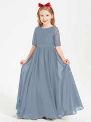 Abito Lungo Damigella Junior Top In Pizzo Con Maniche A Mezza Lunghezza Azzurro Polvere