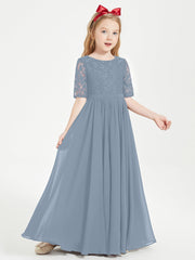 Abito Lungo Damigella Junior Top In Pizzo Con Maniche A Mezza Lunghezza Azzurro Polvere