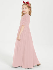 Abito Lungo Damigella Junior Top In Pizzo Con Maniche A Mezza Lunghezza Rosa Polvere