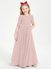 Abito Lungo Damigella Junior Top In Pizzo Con Maniche A Mezza Lunghezza Rosa Polvere