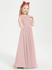 Abito Lungo Damigella Junior Top In Pizzo Con Maniche A Mezza Lunghezza Rosa Polvere