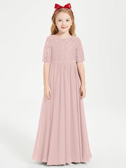 Abito Lungo Damigella Junior Top In Pizzo Con Maniche A Mezza Lunghezza Rosa Polvere