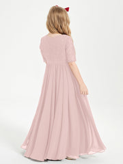 Abito Lungo Damigella Junior Top In Pizzo Con Maniche A Mezza Lunghezza Rosa Polvere