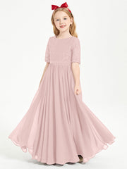 Abito Lungo Damigella Junior Top In Pizzo Con Maniche A Mezza Lunghezza Rosa Polvere