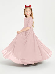 Abito Lungo Damigella Junior Top In Pizzo Con Maniche A Mezza Lunghezza Rosa Polvere