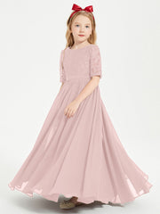 Abito Lungo Damigella Junior Top In Pizzo Con Maniche A Mezza Lunghezza Rosa Polvere