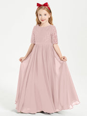 Abito Lungo Damigella Junior Top In Pizzo Con Maniche A Mezza Lunghezza Rosa Polvere