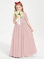 Abito Lungo Damigella Junior Top In Pizzo Con Maniche A Mezza Lunghezza Rosa Polvere
