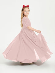 Abito Lungo Damigella Junior Top In Pizzo Con Maniche A Mezza Lunghezza Rosa Polvere