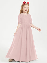 Abito Lungo Damigella Junior Top In Pizzo Con Maniche A Mezza Lunghezza Rosa Polvere