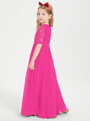 Abito Lungo Damigella Junior Top In Pizzo Con Maniche A Mezza Lunghezza Fucsia
