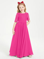 Abito Lungo Damigella Junior Top In Pizzo Con Maniche A Mezza Lunghezza Fucsia