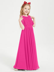 Abito Lungo Damigella Junior Top In Pizzo Con Maniche A Mezza Lunghezza Fucsia