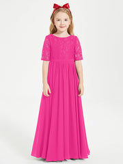 Abito Lungo Damigella Junior Top In Pizzo Con Maniche A Mezza Lunghezza Fucsia