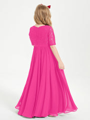 Abito Lungo Damigella Junior Top In Pizzo Con Maniche A Mezza Lunghezza Fucsia