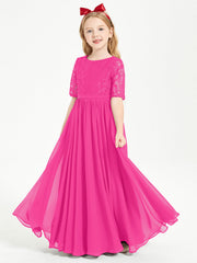 Abito Lungo Damigella Junior Top In Pizzo Con Maniche A Mezza Lunghezza Fucsia