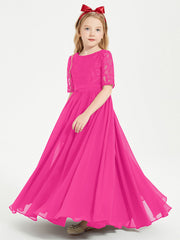 Abito Lungo Damigella Junior Top In Pizzo Con Maniche A Mezza Lunghezza Fucsia