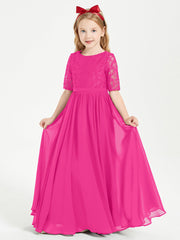 Abito Lungo Damigella Junior Top In Pizzo Con Maniche A Mezza Lunghezza Fucsia