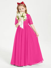 Abito Lungo Damigella Junior Top In Pizzo Con Maniche A Mezza Lunghezza Fucsia