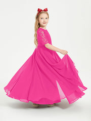 Abito Lungo Damigella Junior Top In Pizzo Con Maniche A Mezza Lunghezza Fucsia