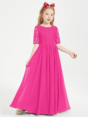 Abito Lungo Damigella Junior Top In Pizzo Con Maniche A Mezza Lunghezza Fucsia